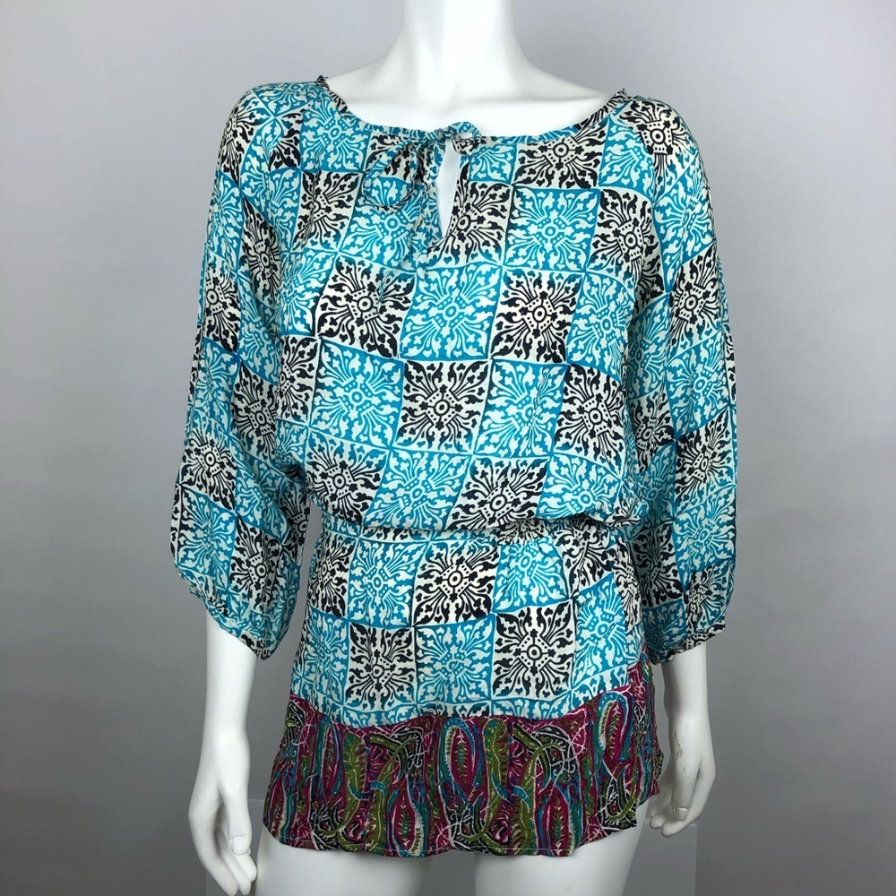 Tolani Boho Tunic Dress-Shirt Top-Silk Women's-Small-Turquoise Blue /Pink/Print